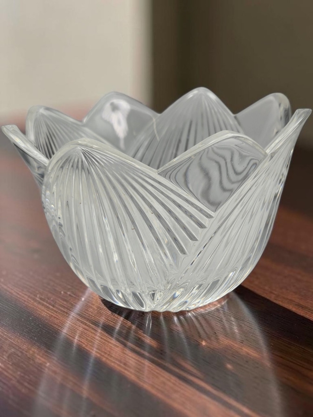 Vintage Clear Glass Lotus Flower Bowl / Art Glass Floral Dish